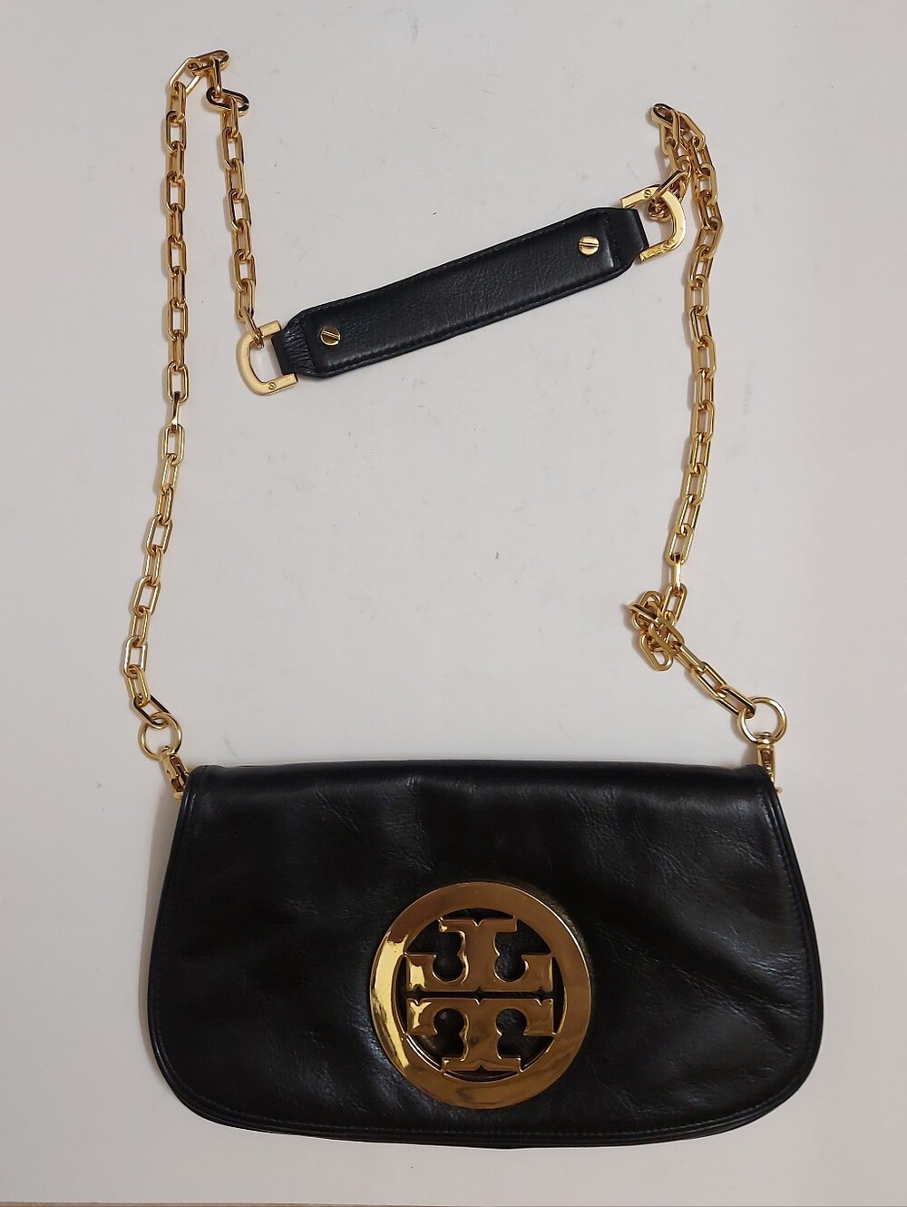 Tory Burch Black Leather Shoulder Bag with Gold Logo Disk and Chain